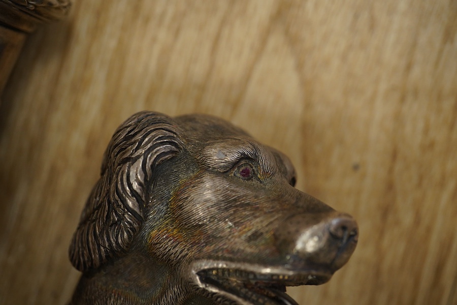Three 19th century walking sticks, two with silver tops to include a dogs head example, one with unmarked embossed white metal top, largest 97cm in length